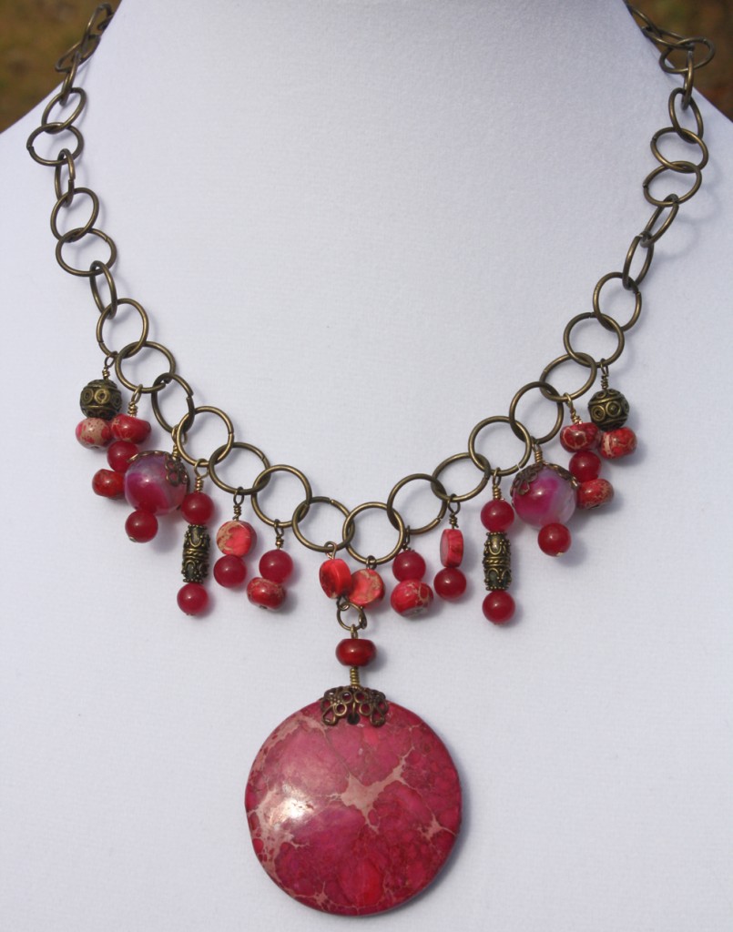 Pink Imperial Jasper and Brass Accent Necklace 3641nd on threelittlekittens.com/blog Shop