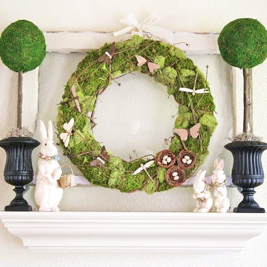 Moss Covered Wreath and Topiaries