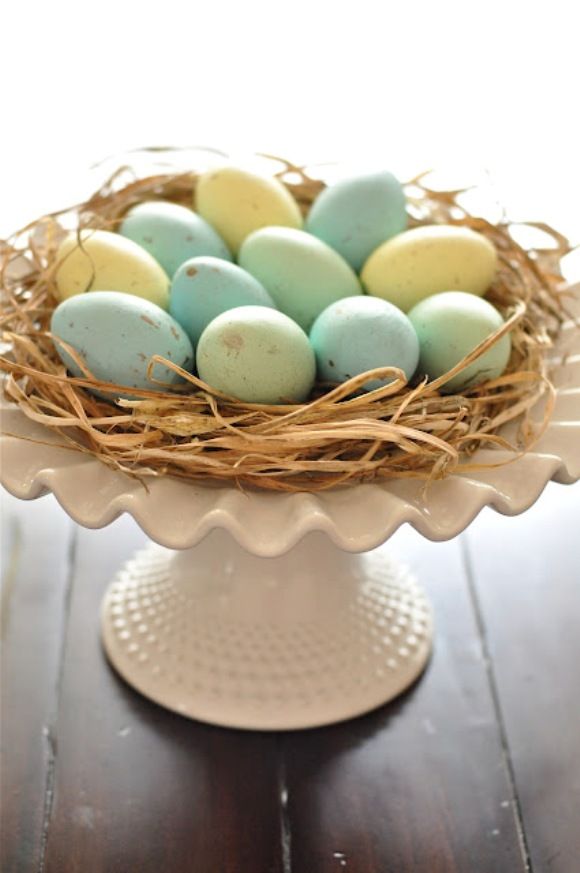 Painted Eggs in Nest on Cake Stand