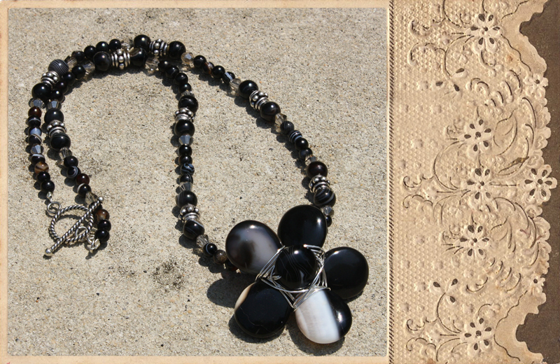 Black Banded Onyx Wire Wrapped Flower Pendant Necklace