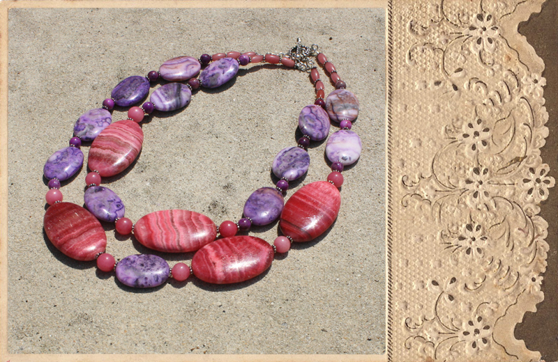 Rhodonite and Crazy Lace Agate Double Strand Chunky Necklace