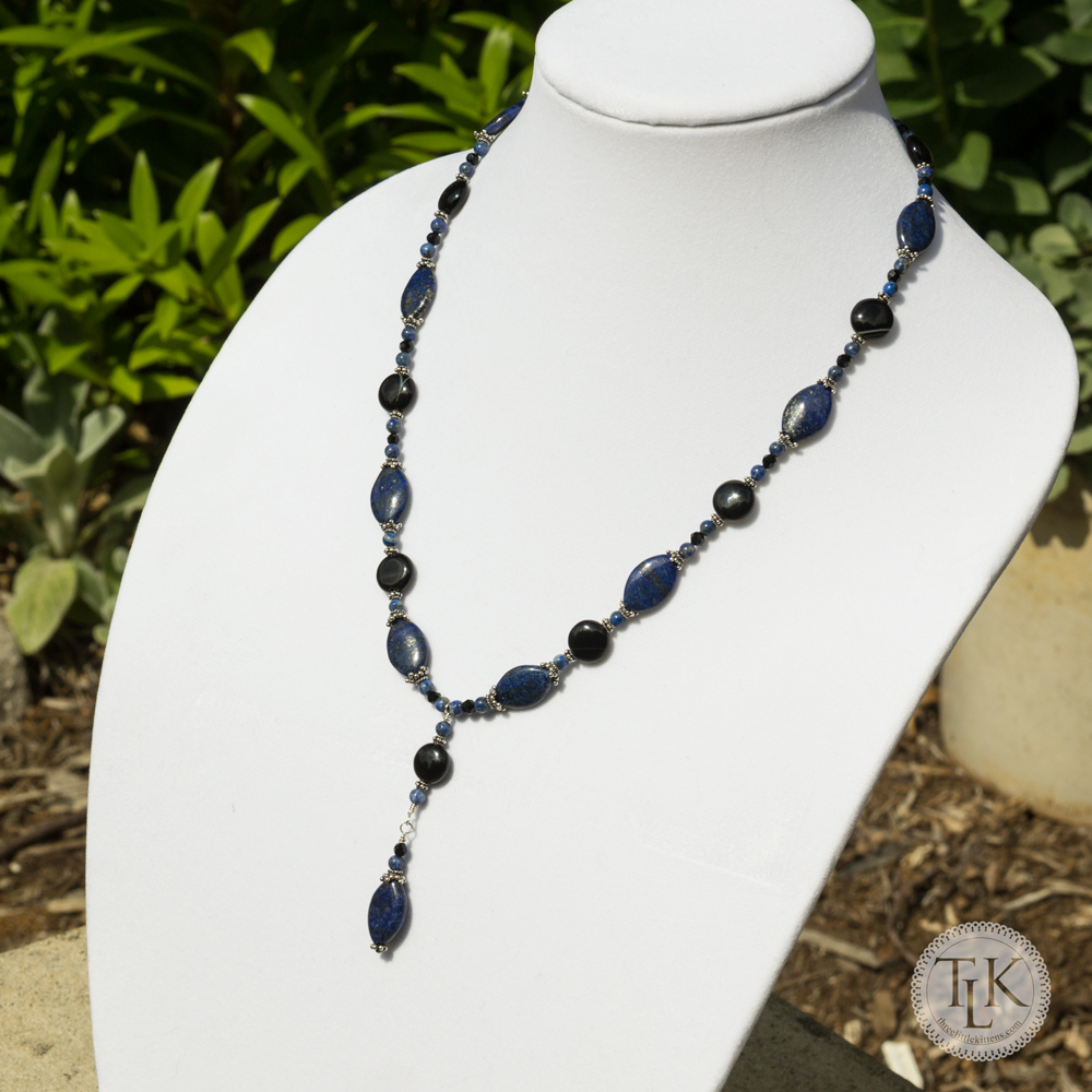 New! - Lapis Lazuli, Bali Sterling Silver anad Black Onyx Lariat Necklace 3675n