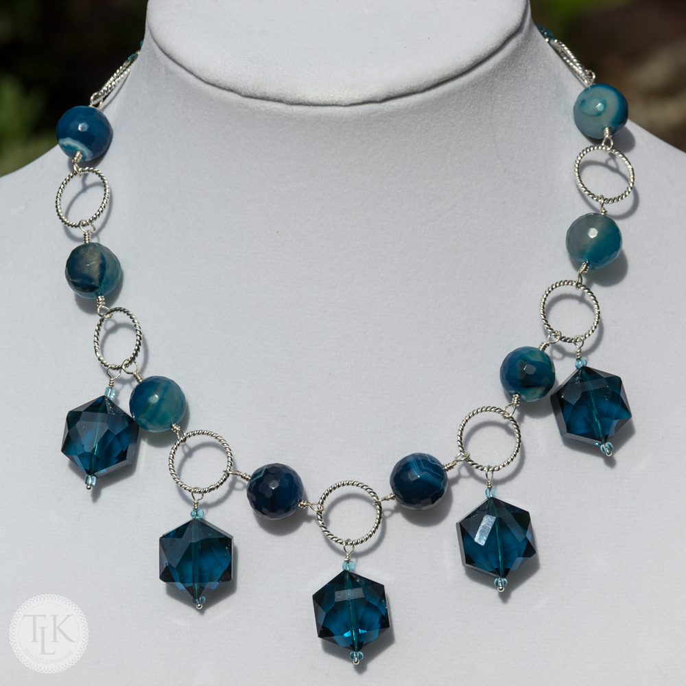 New! - Dark Turquoise Glass Crystal and Facted Agate Necklace 3676 on threelittlekittens.com/blog