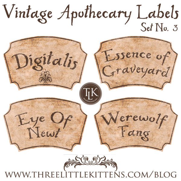 THREE LITTLE KITTENS BLOG | Vintage Apothecary Labels Set 3 Digital Goodies - Free Printables on threelittlekittens.com/blog