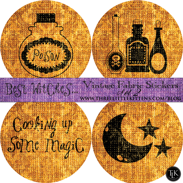 Best Witches Vintage Fabric Halloween Digital Goodies - Free Printables - Stickers on threelittlekittens.com/blog