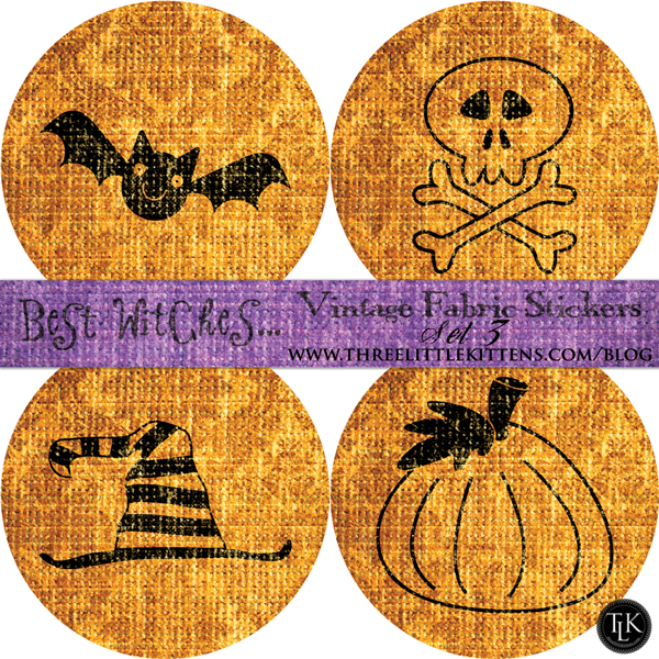 Best Witches Vintage Fabric Halloween Digital Goodies - Free Printables - Stickers on threelittlekittens.com/blog