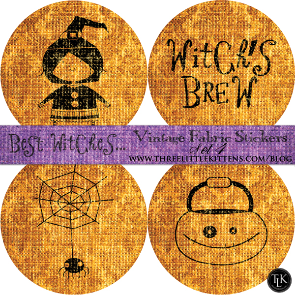 Best Witches Vintage Fabric Halloween Digital Goodies - Free Printables - Stickers on threelittlekittens.com/blog