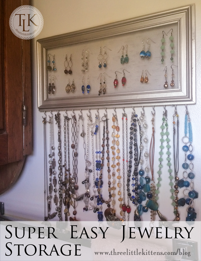 Super Easy Jewelry Storage on www.threelittlekittens.com/blog Use an old frame and a few other supplies to make this upcycled jewelry storage.