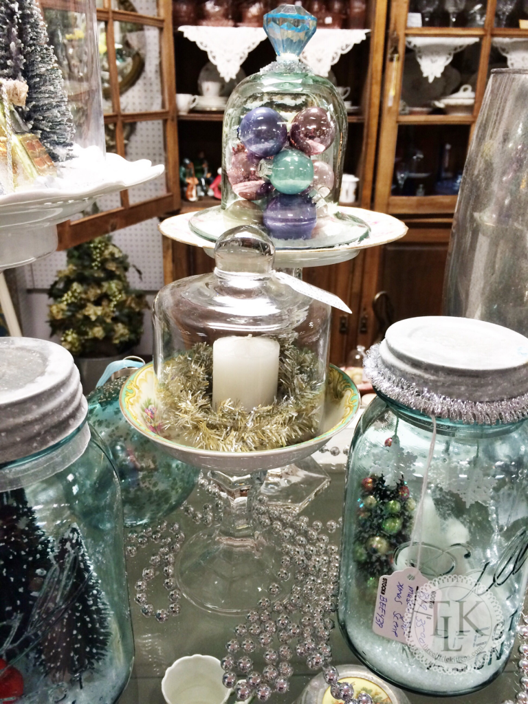 Candles, Vintage Ornaments under Cloches and old Mason Jars filled with Holiday Decor