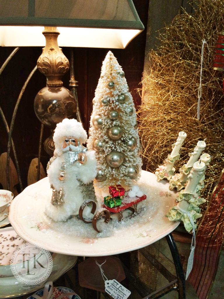 Santa and Bottle Brush Tree on a repurposed Cake Plate