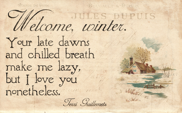 Welcome, winter. Your late dawns and chilled breath make me lazy, but I love you nonetheless. ~ Terri Guillemets