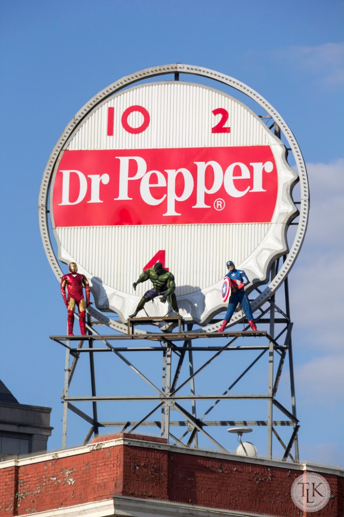 Our town was protected by the Avengers for about a month this spring.  They adorned our landmark Dr. Pepper sign in our downtown.