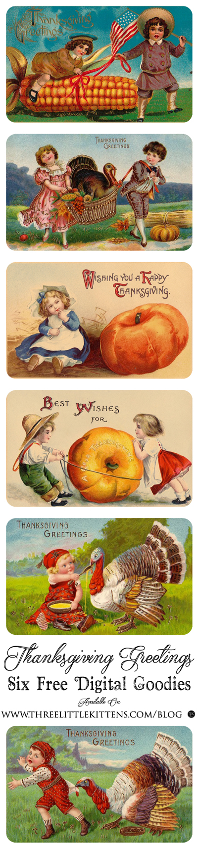 Thanksgiving Greetings - Digital Goodies on threelittlekittens.com/blog - Six different Thanksgiving stickers made from vintage ephemera