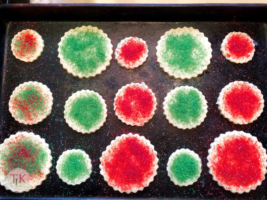 Sugared cookies on a tray ready to be baked