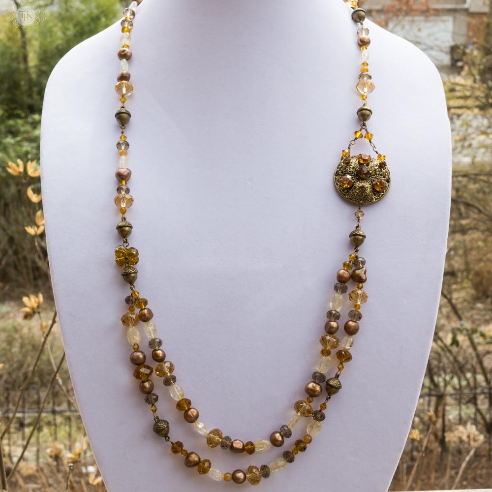 THREE LITTLE KITTENS BLOG | 3615n Long Pearl, Crystal and Citrine Necklace featuring Vintage Brass Brooch 