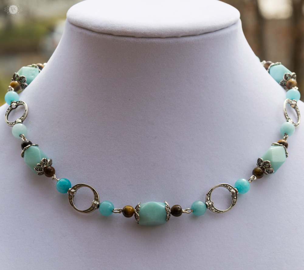 THREE LITTLE KITTENS BLOG | Chunky Natural Faceted Amazonite and Tiger Eye Necklace 3652n