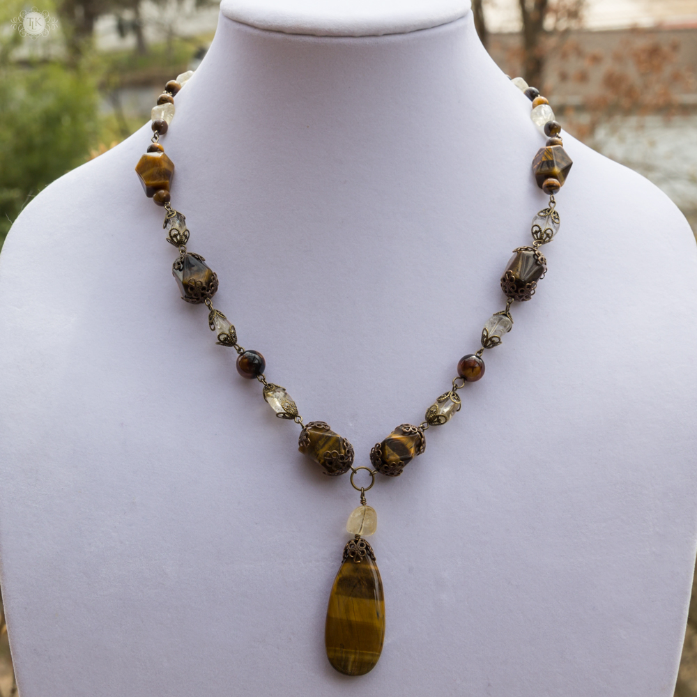 THREE LITTLE KITTENS BLOG | Adjustable Tiger Eye Teardrop Pendant Necklace with Citrine and Brass Accents 3666n