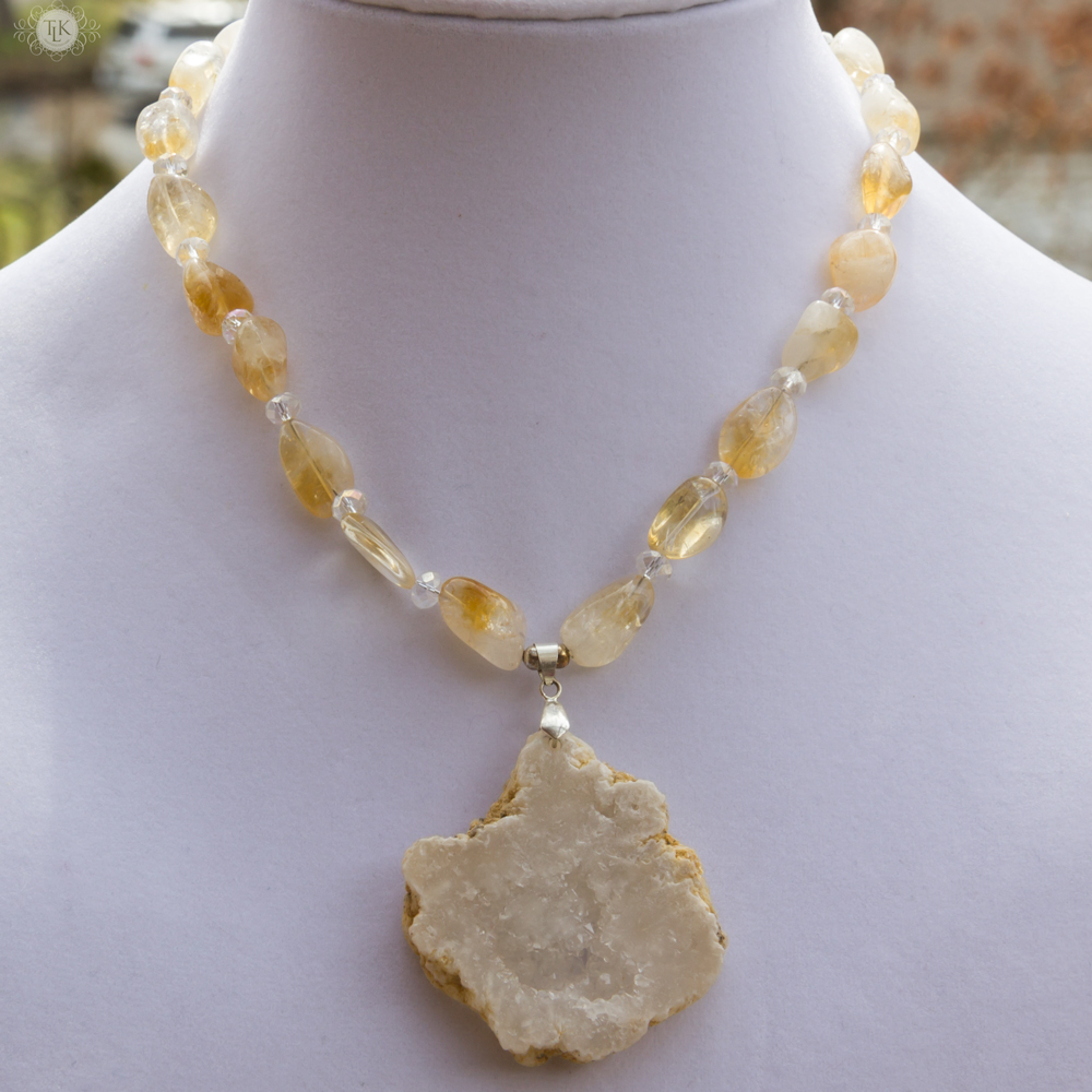 THREE LITTLE KITTENS BLOG | OOAK Large Quartz Geode Druzy Slice and Citrine Nugget Necklace 3688n