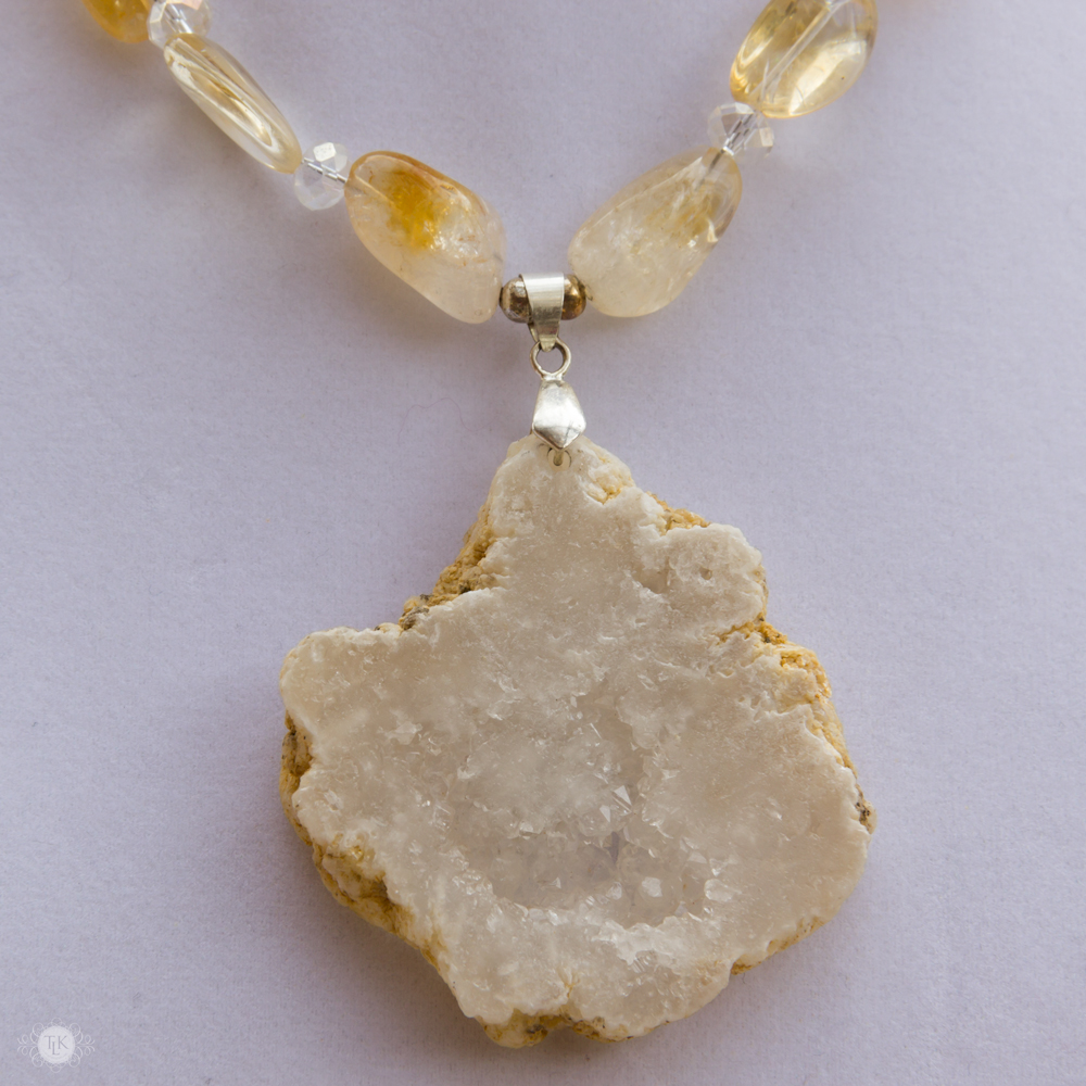 THREE LITTLE KITTENS BLOG | OOAK Large Quartz Geode Druzy Slice and Citrine Nugget Necklace 3688n