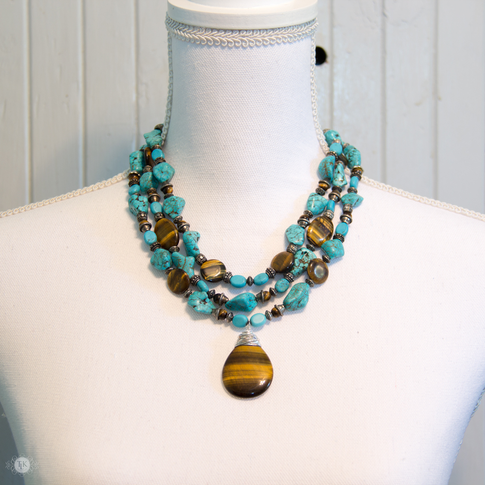 THREE LITTLE KITTENS BLOG | Triple Strand Turquoise and Tiger Eye Necklace 3640n