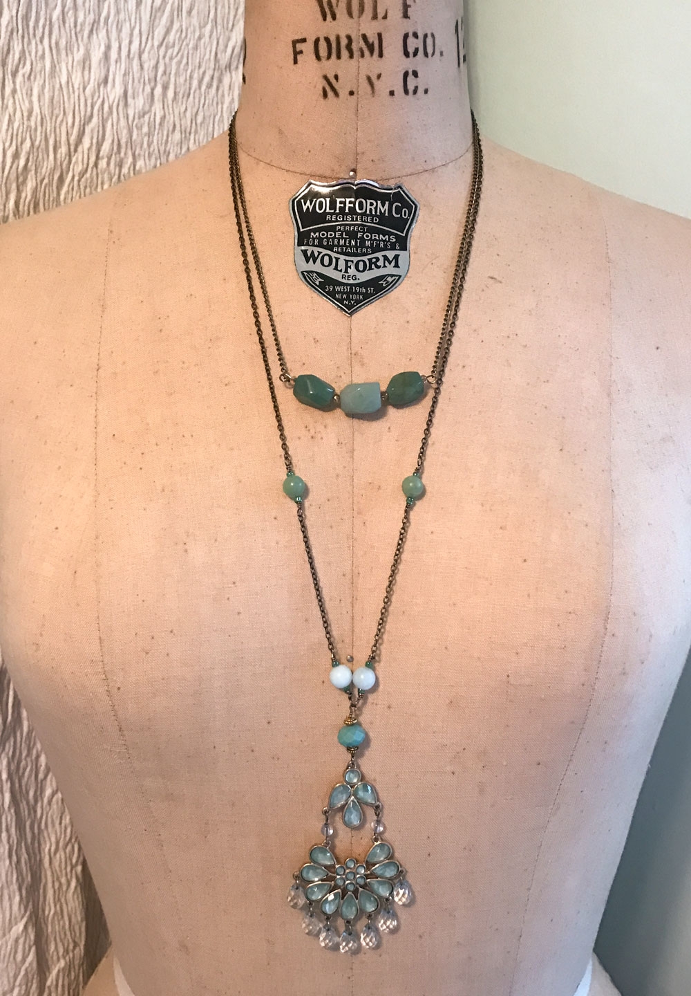 THREE LITTLE KITTENS | 3708n Amazonite and Costume Jewelry Pendant Necklace with 3706n Amazonite Faceted Nugget Bar Necklace