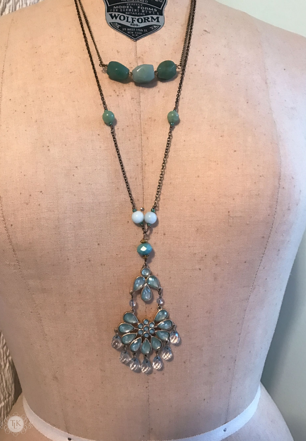 THREE LITTLE KITTENS | 3708n Amazonite and Costume Jewelry Pendant Necklace with 3706n Amazonite Faceted Nugget Bar Necklace