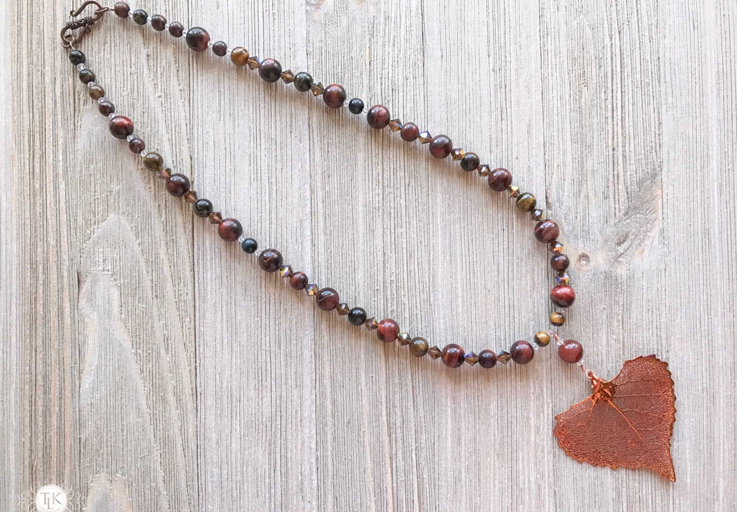 THREE LITTLE KITTENS | Copper Iridescent Cottonwood Leaf Tiger Eye Necklace 3649n