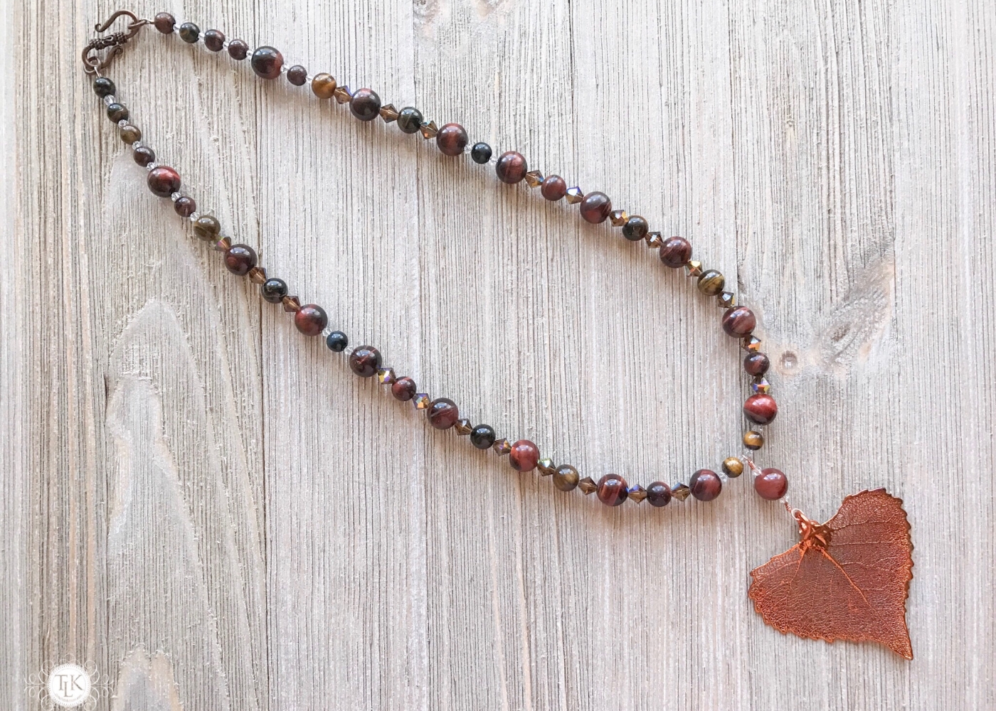 THREE LITTLE KITTENS | Copper Iridescent Cottonwood Leaf Tiger Eye Necklace 3649n