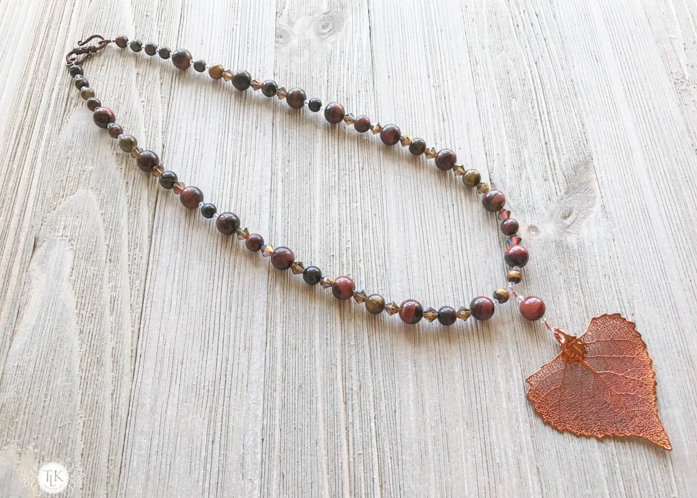 THREE LITTLE KITTENS | Copper Iridescent Cottonwood Leaf Tiger Eye Necklace 3649n