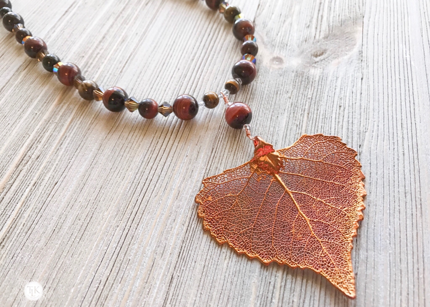 THREE LITTLE KITTENS | Copper Iridescent Cottonwood Leaf Tiger Eye Necklace 3649n