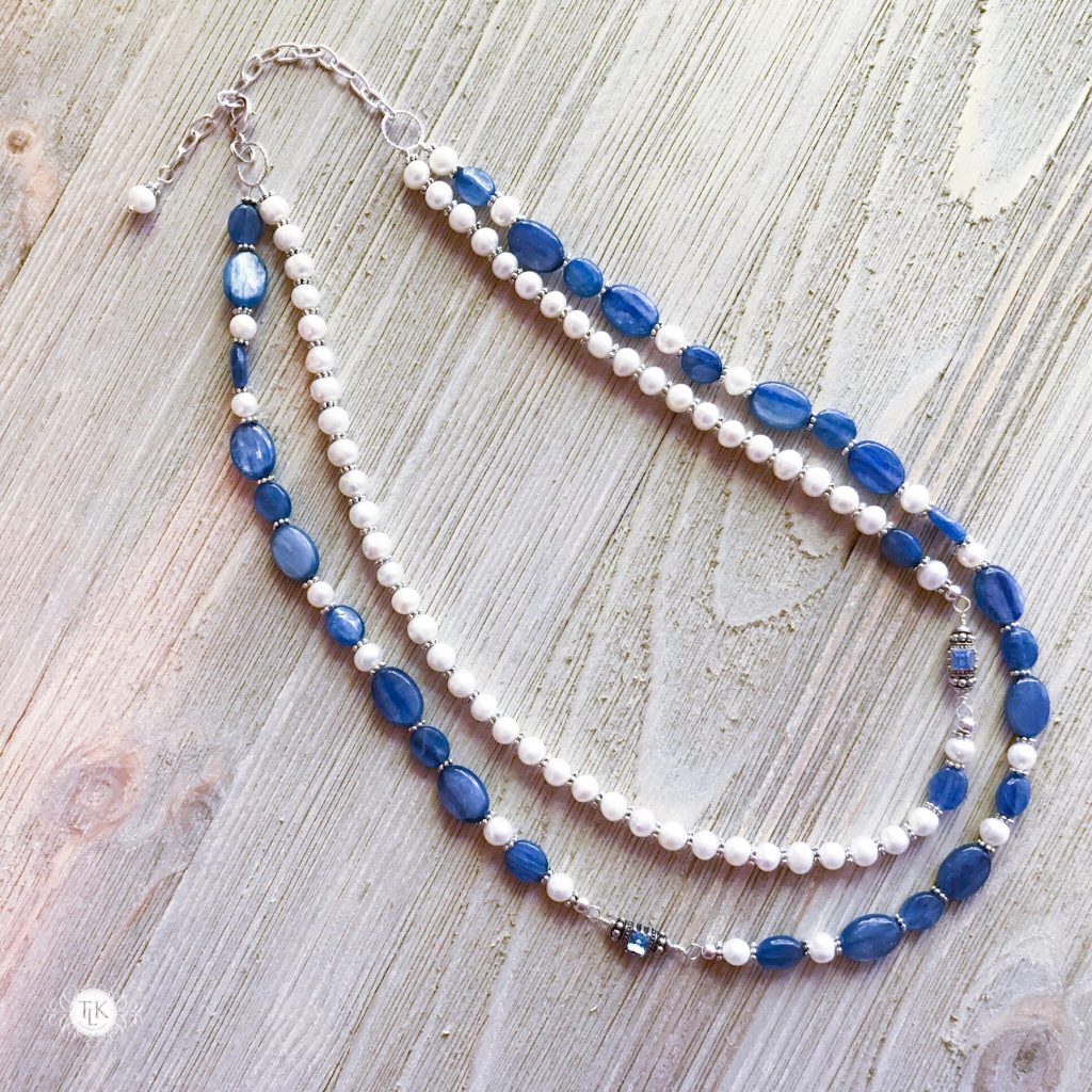 THREE LITTLE KITTENS BLOG | Kyanite, Freshwater Pearls, Swarovski Crystal and Silver Accent Double Strand Necklace