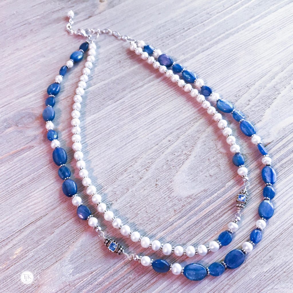 THREE LITTLE KITTENS BLOG | Kyanite, Freshwater Pearls, Swarovski Crystal and Silver Accent Double Strand Necklace