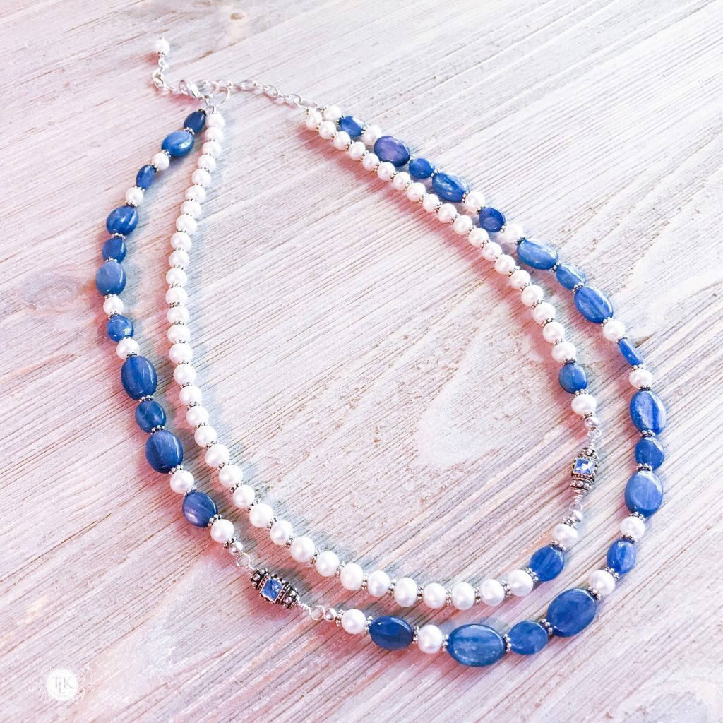 THREE LITTLE KITTENS BLOG | Kyanite, Freshwater Pearls, Swarovski Crystal and Silver Accent Double Strand Necklace